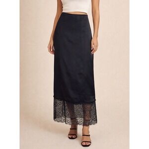 House of Harlow 1960 Black Satin Lace Hem Maxi Slip Skirt Size Medium